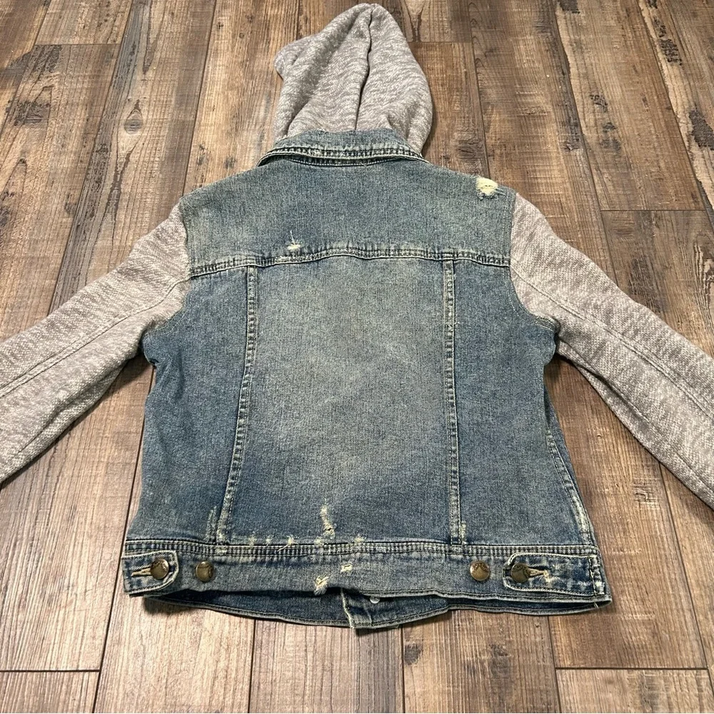 Free People Jacket Womens Medium Blue Denim Hoodie Knit Sleeves Distressed - Picture 7 of 7